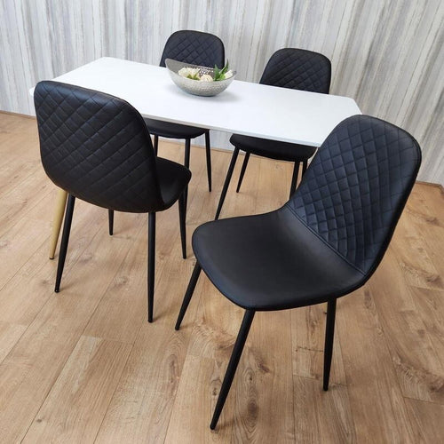 White Dining Table Set with 4 Black Faux Leather Chairs, Modern Kitchen