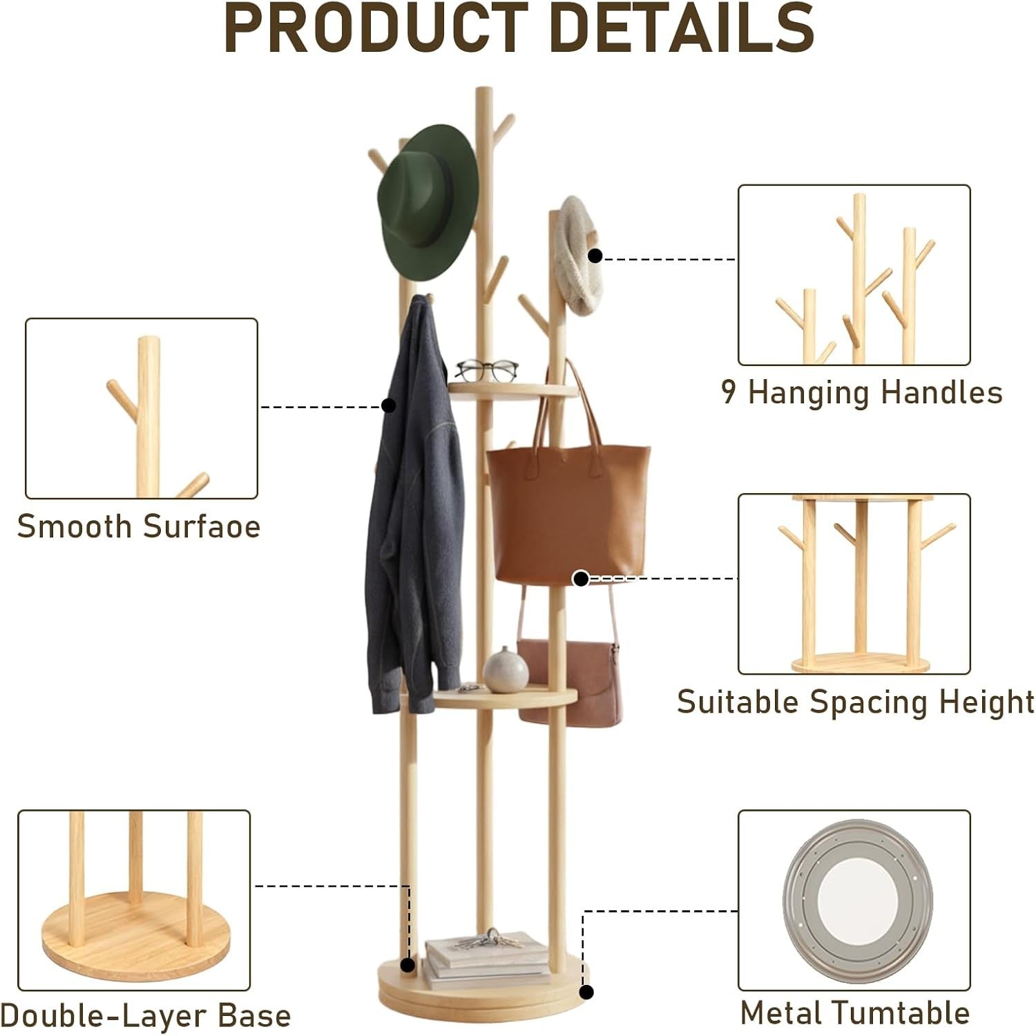 Wooden Coat Rack Stand with 8 Hooks & 3 Shelves | Freestanding Hall Tree