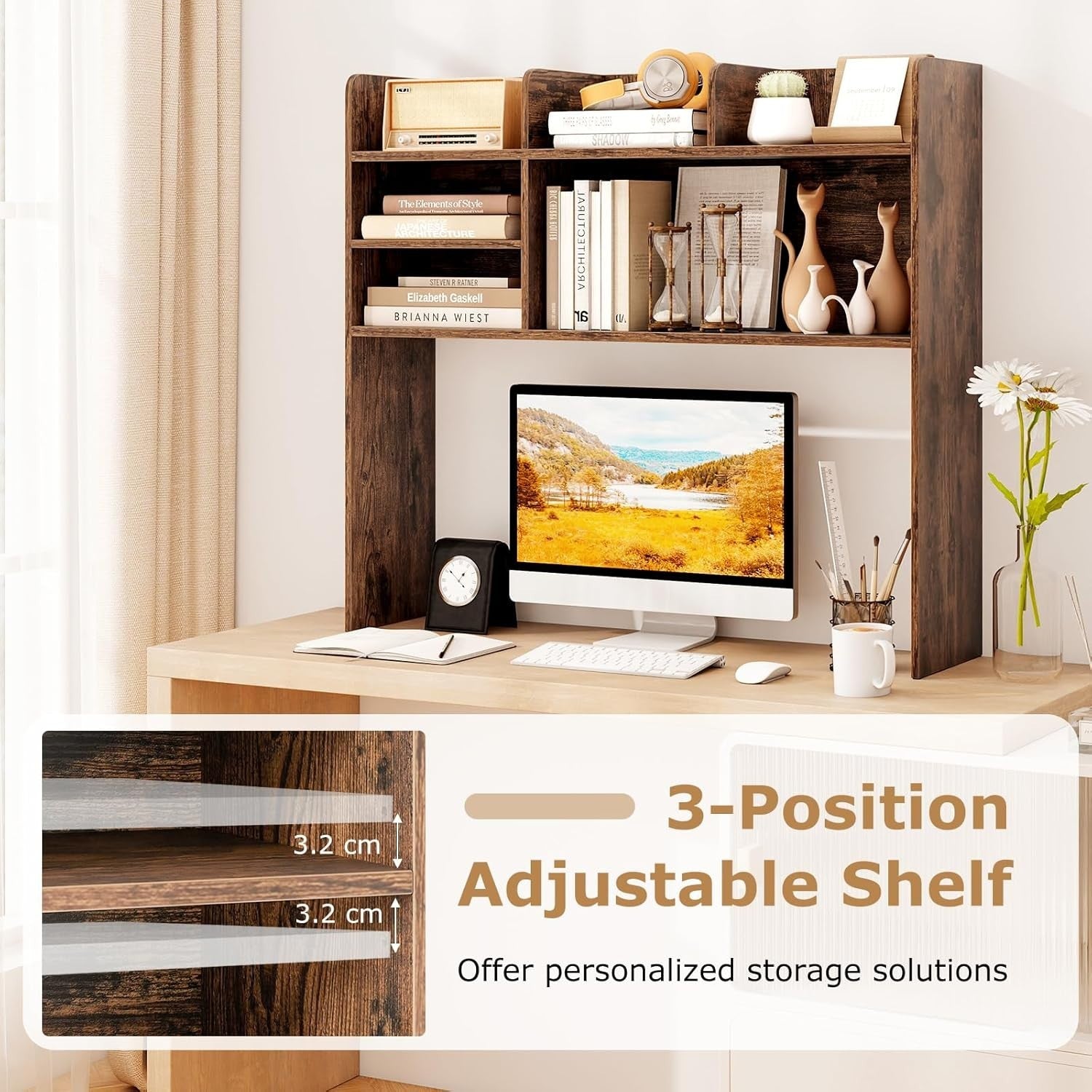 6-Shelf Desktop Bookshelf Hutch Storage Organizer Rustic Brown Monitor Shelf