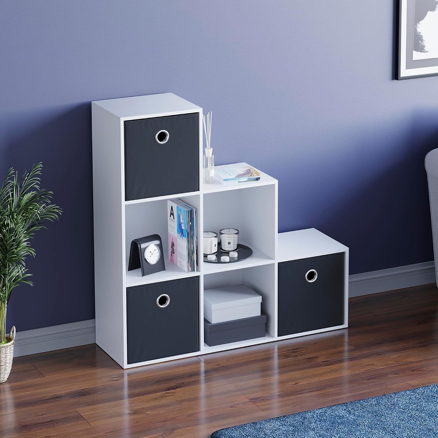 6 Cube White Staircase Storage Bookcase with 3 Black Baskets – Modern Organizer