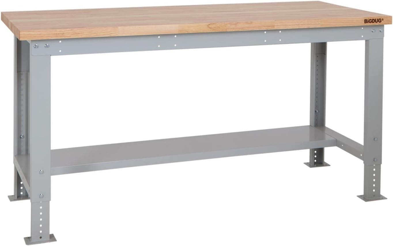 Adjustable Heavy Duty Workbench 600kg Wood Top with Shelf 1715mm x 600mm