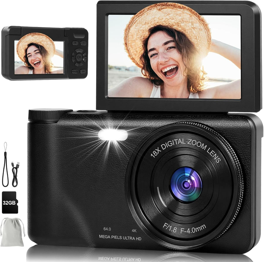 4K 64MP Vlogging Camera Flip Screen Zoom Camera w 32GB Card