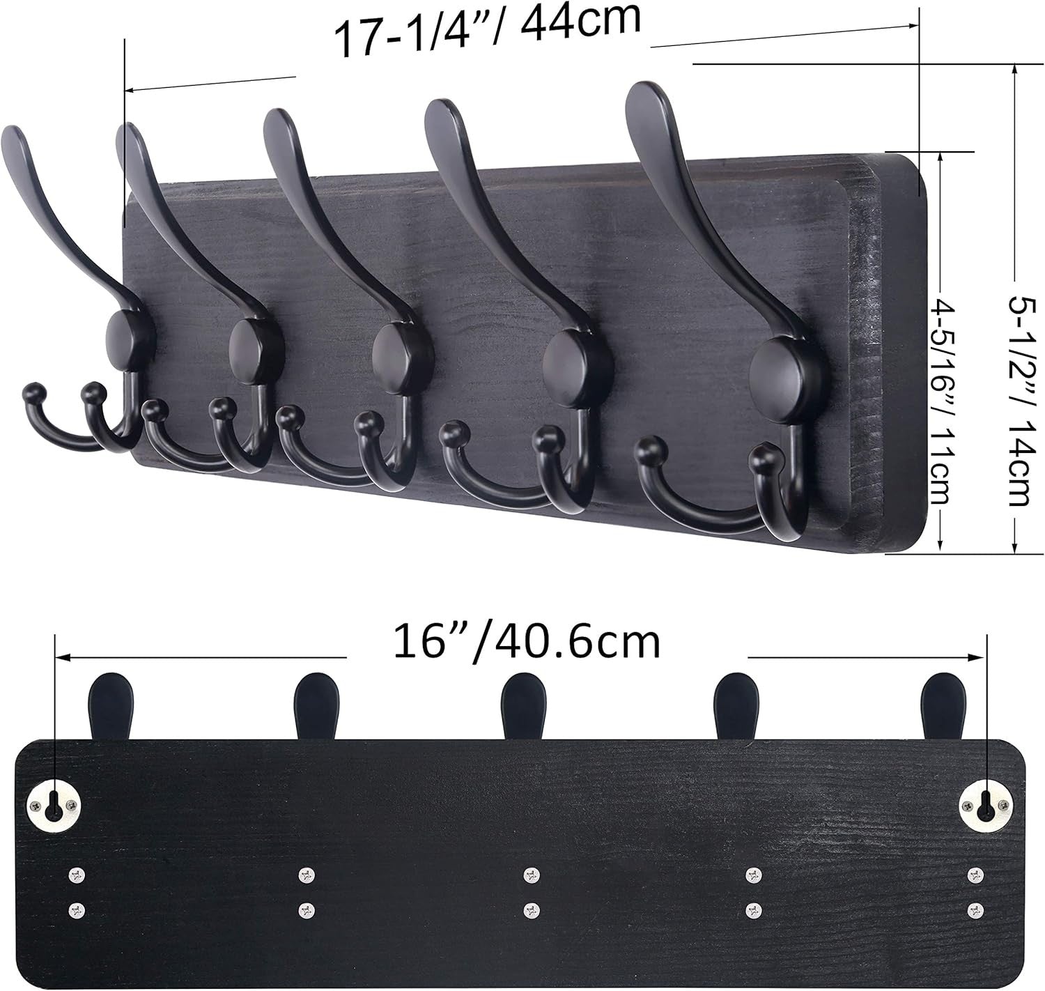 Set of 2 Black Wooden Wall Coat Racks | Heavy Duty 5 Triple Hooks Rustic Organiz