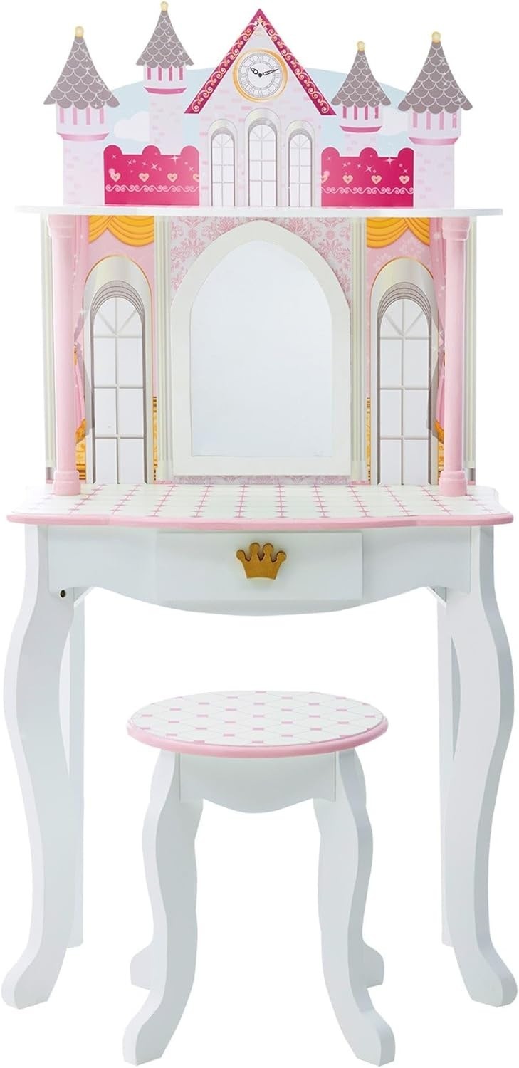 Kids Vanity Table Set w/ Mirror & Stool | Doll Play Area + Storage