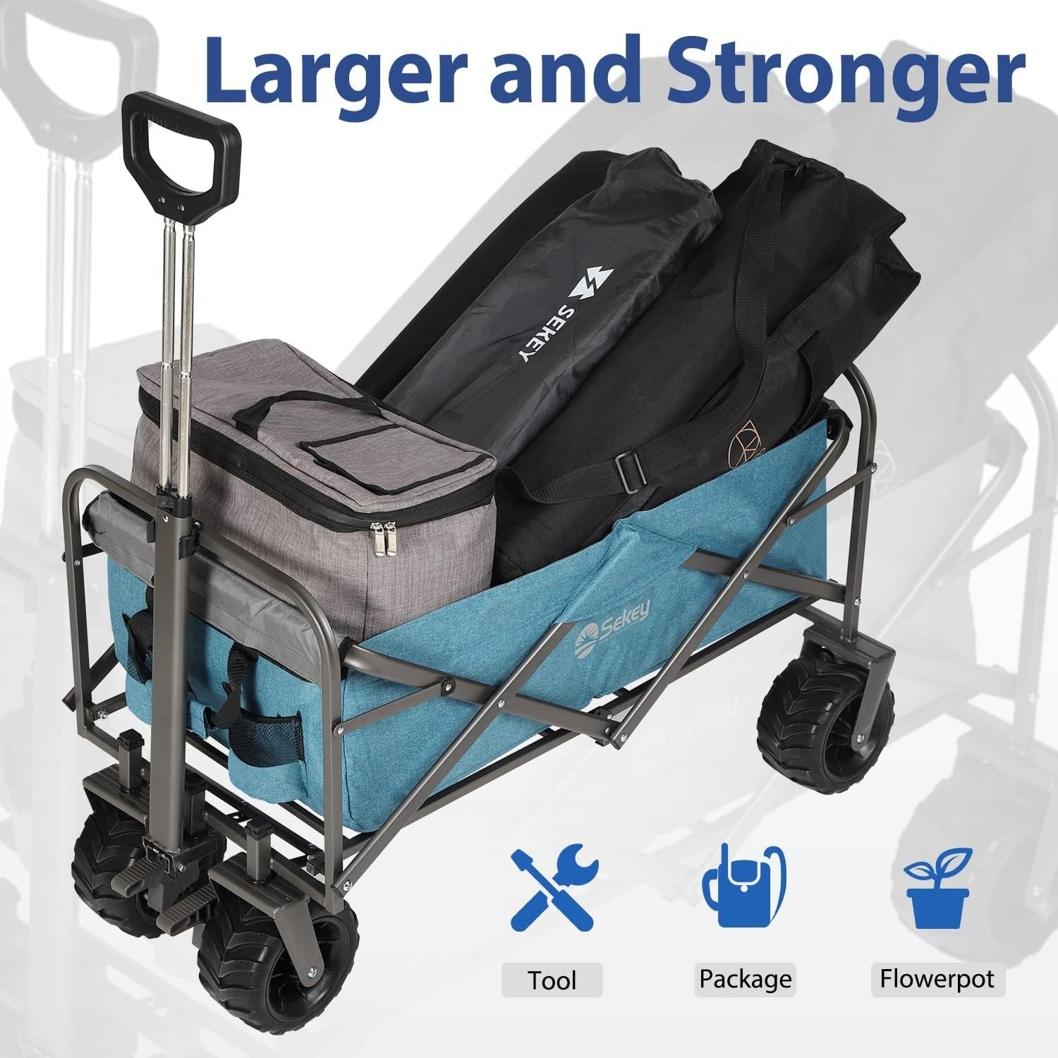Light Blue Heavy Duty 440lb Folding Wagon Trolley w/ Wide Wheels & Brake
