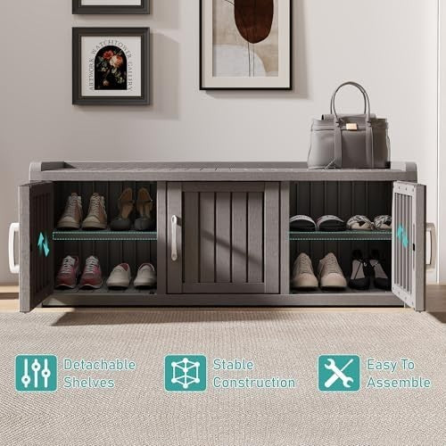 Waterproof Outdoor Shoe Storage Cabinet Bench 3 Door Resin Grey