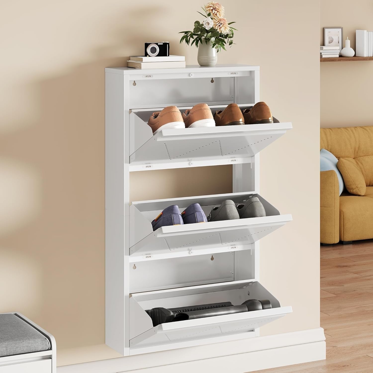 Slim Metal Shoe Cabinet 2-Pack with 3 Flip Drawers & Anti-Tip Wall Mount