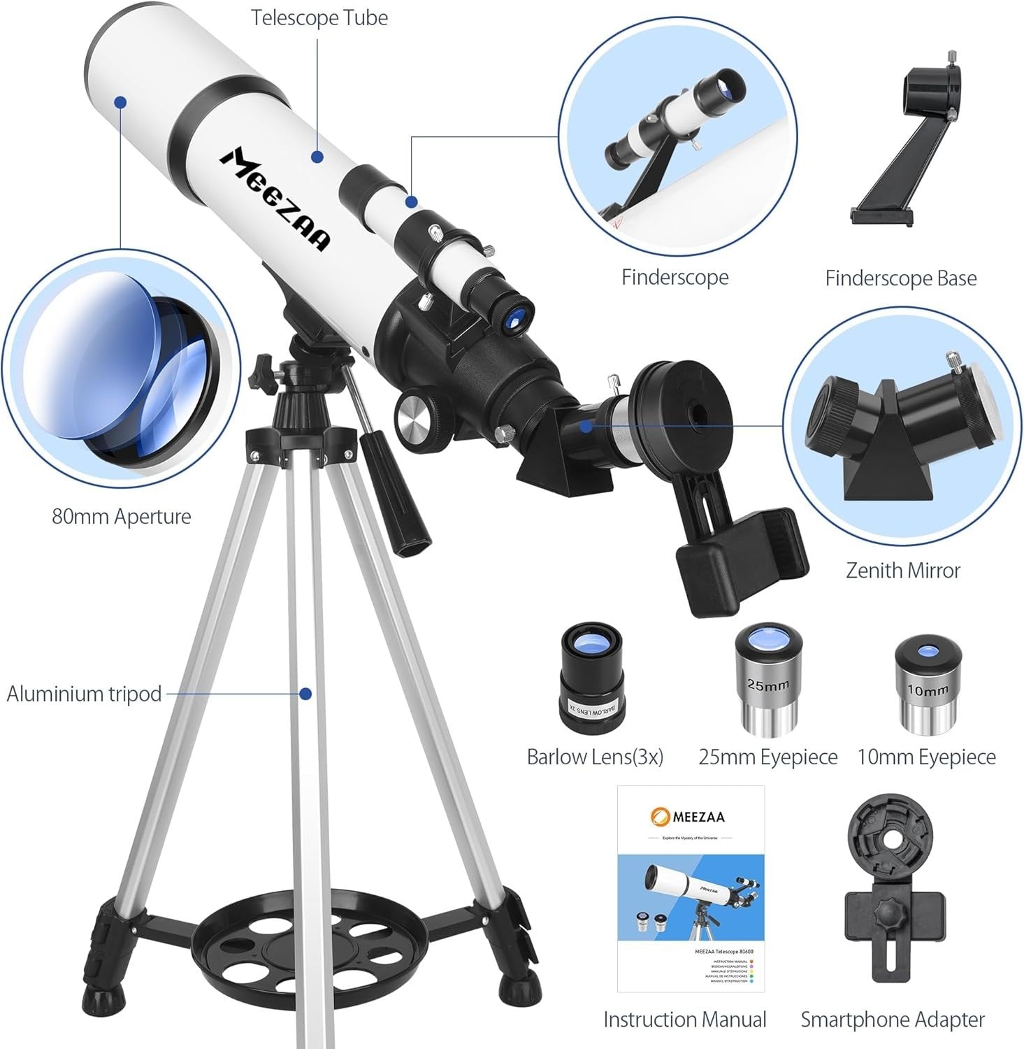 80mm 600mm Refractor Telescope with Tripod & Phone Adapter White