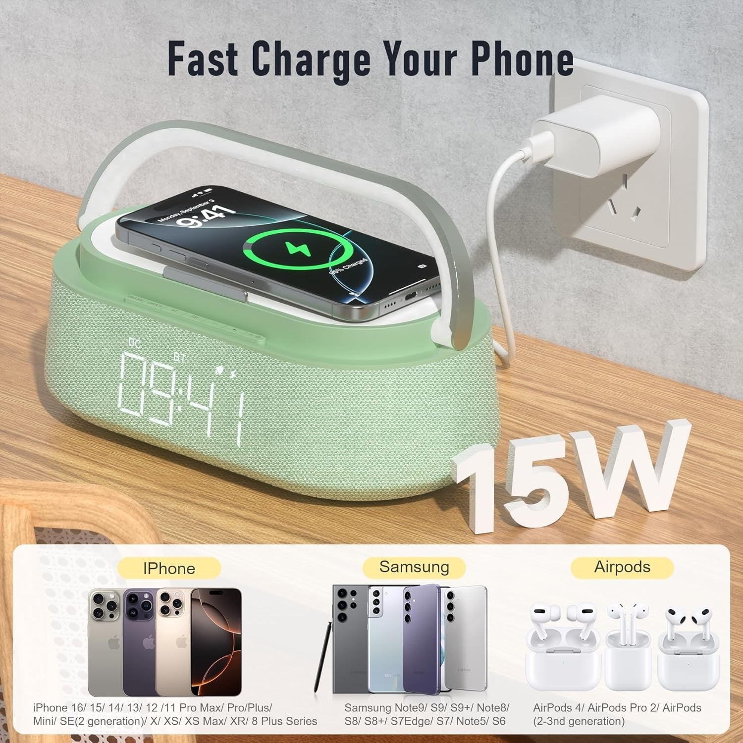 Bluetooth Speaker Wireless Charger FM Radio LED Night Light Alarm Clock