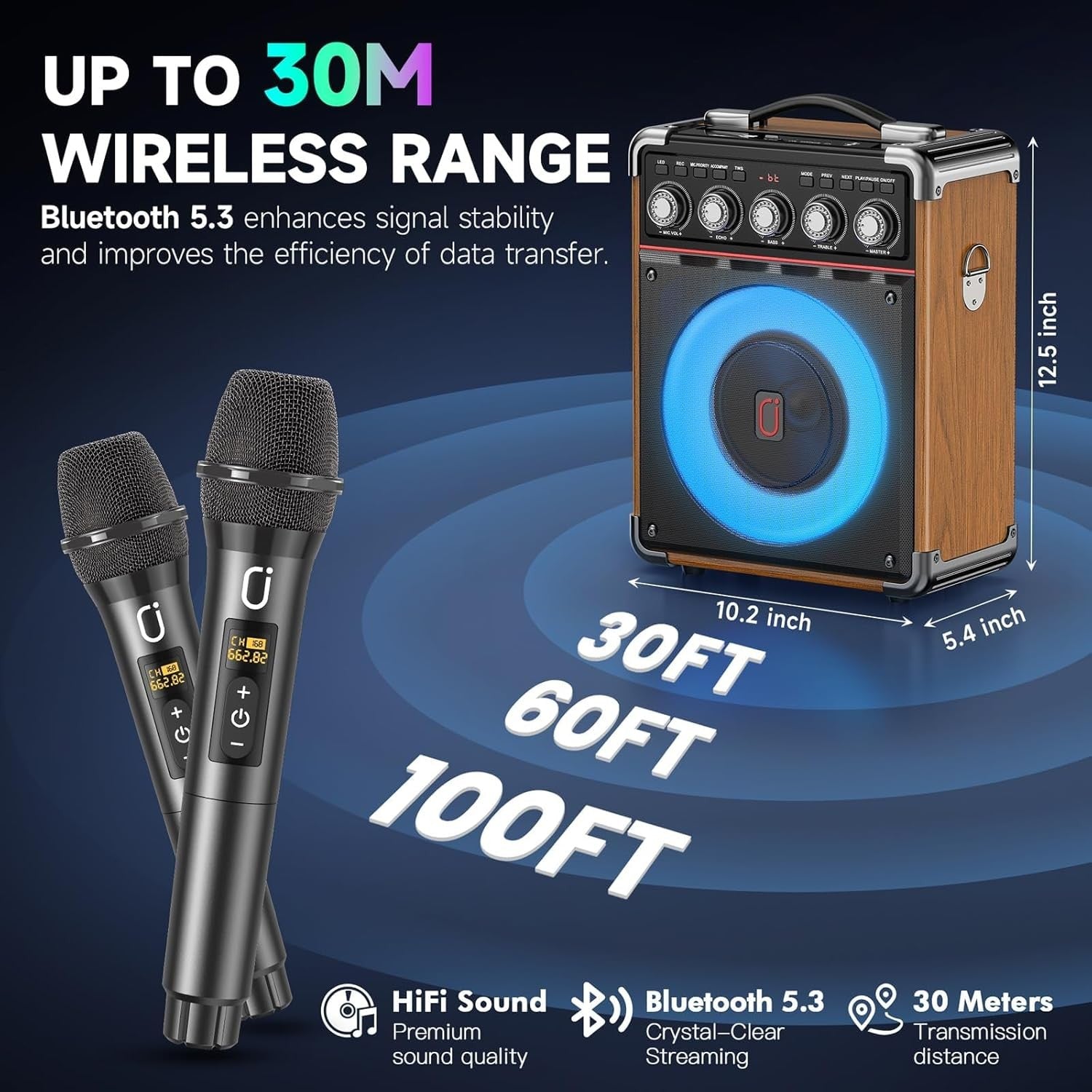 Bluetooth 5.3 Karaoke Machine with 2 Wireless Mics RGB PA