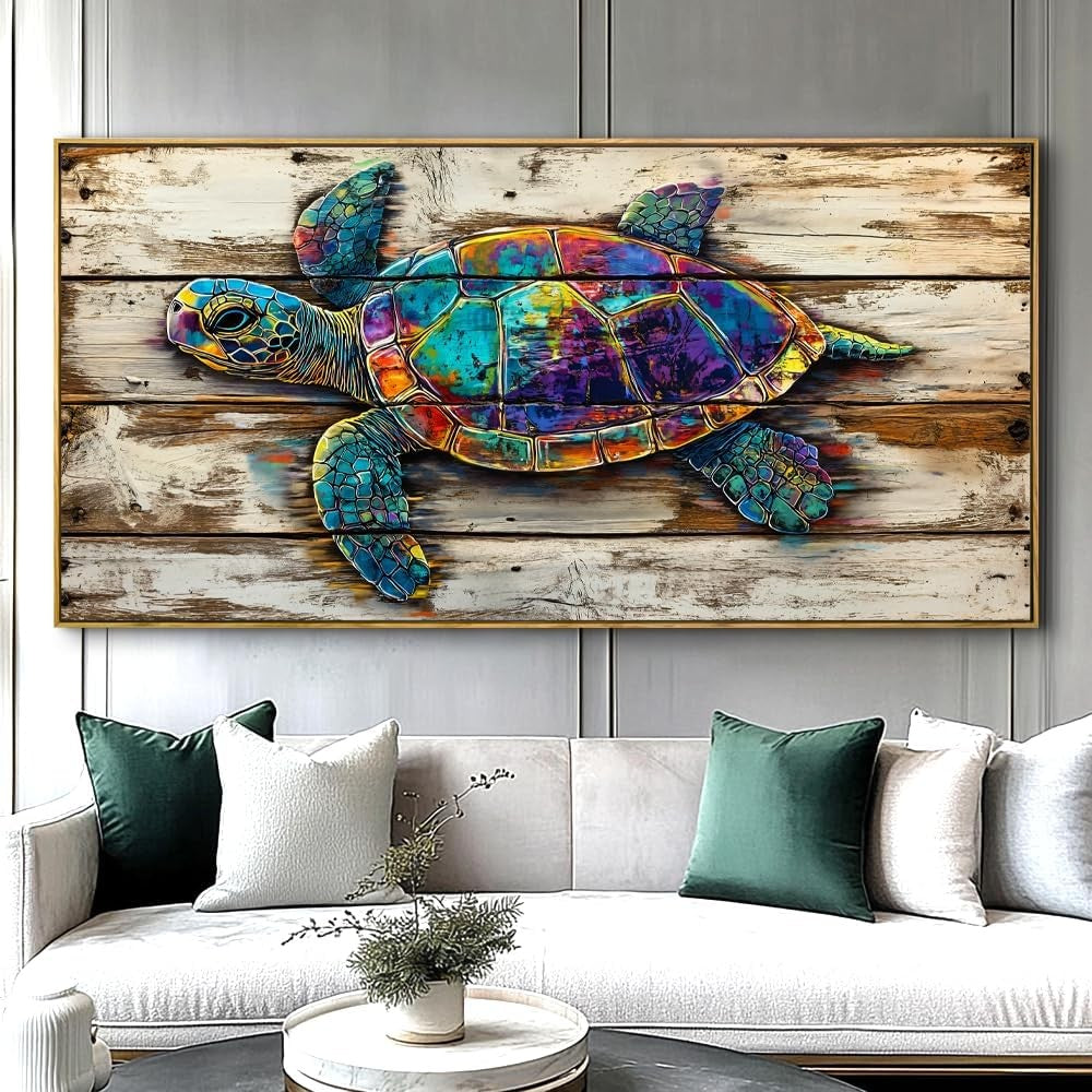 Sea Turtle Abstract Wall Art – Large Framed Canvas Painting 40x20in