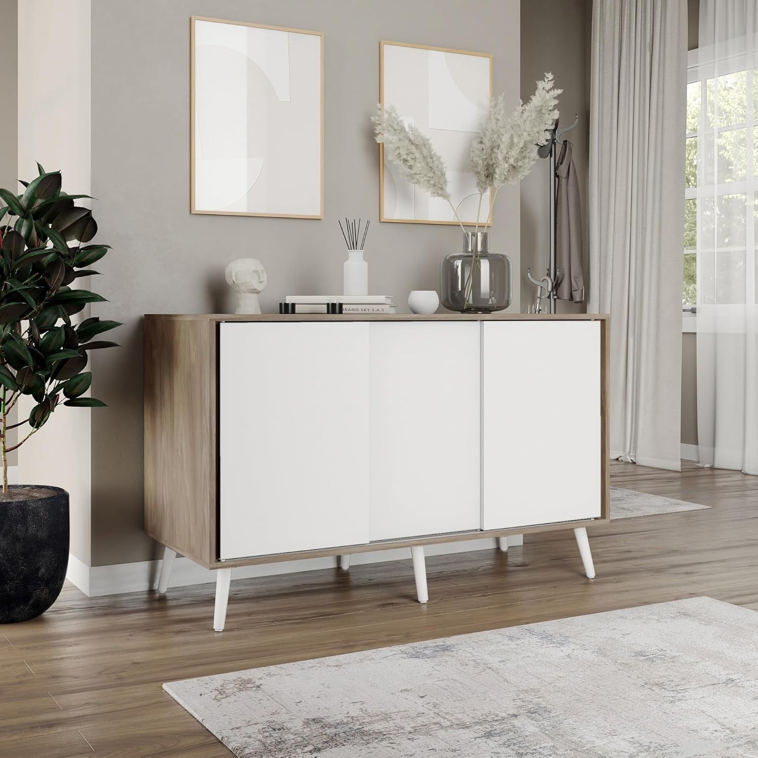 Modern Oak Sideboard Storage Cabinet Sliding Doors White Cupboard Unit