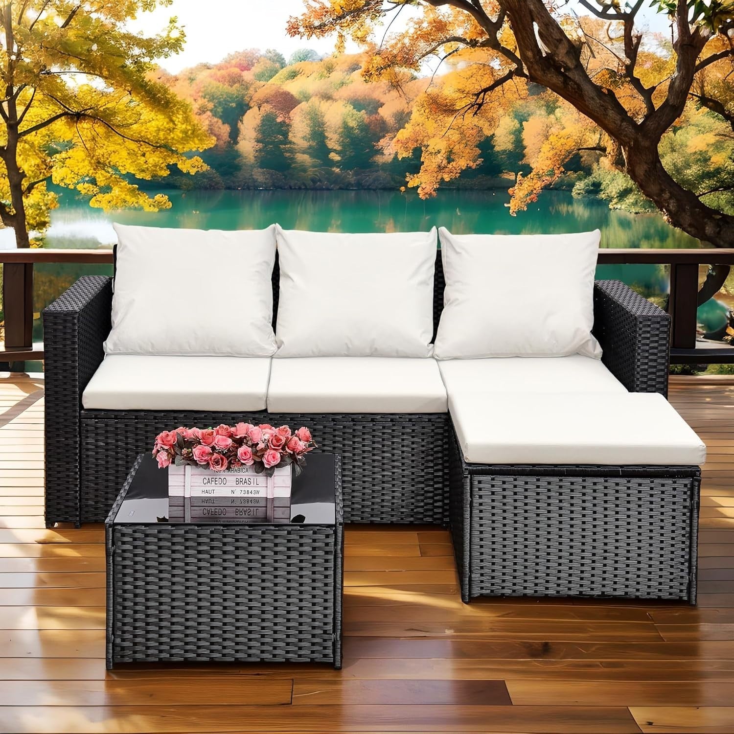 3PC Rattan Garden Sofa Set Black Wicker w/ White Cushions & Coffee Table