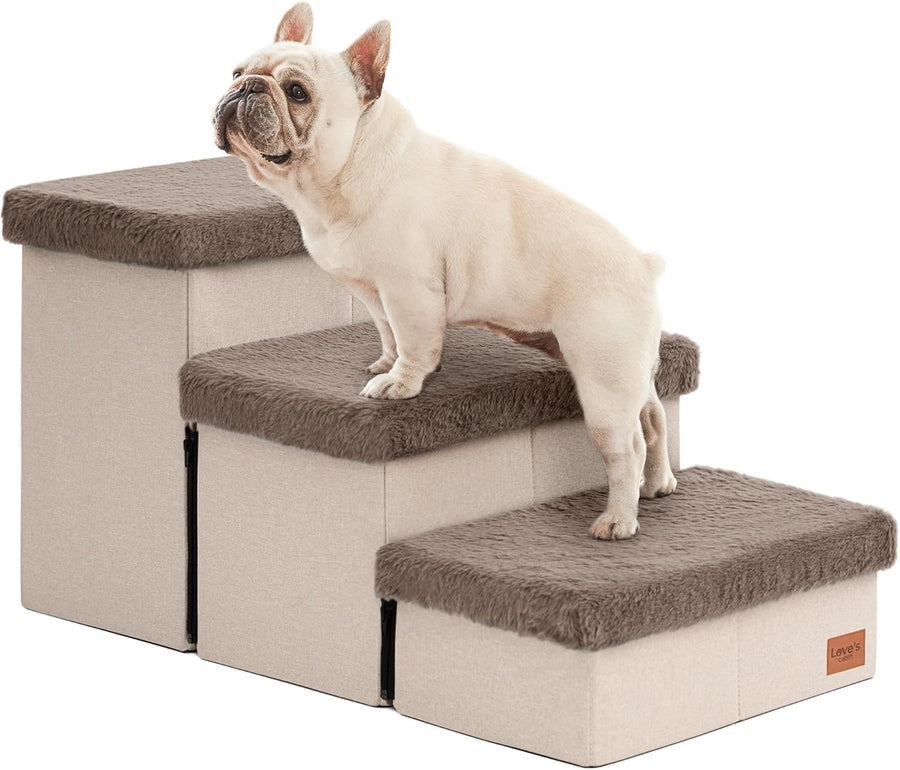 Dog Stairs 3 Step 18" High with Storage Furry Lid Pet Steps Brown