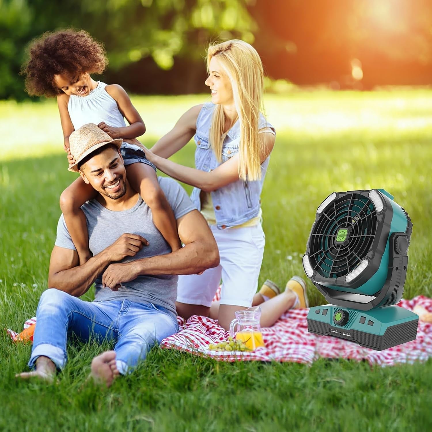 Cyan Camping Fan – 20000mAh Rechargeable w/ LED Light, RGB Ring & Remote Timer