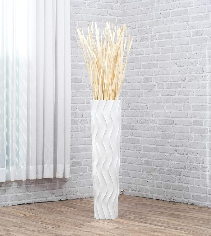 Large White Floor Vase 65cm Tall Wooden Decorative Vase for Pampas Grass