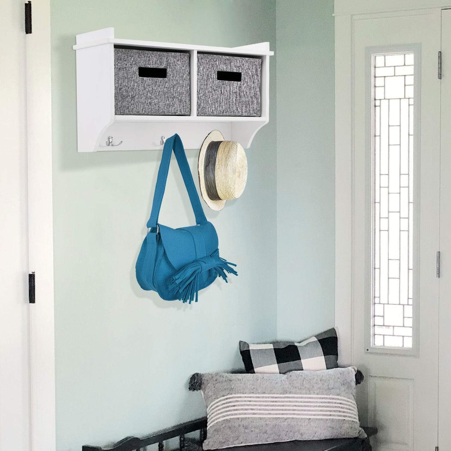 White Wall Mounted Coat Rack | 3 Hooks & 2 Fabric Baskets Hallway Shelf