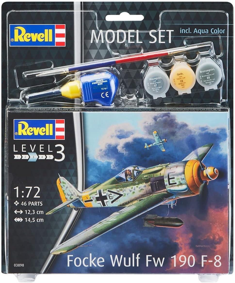 1:72 WWII Fw190 F-8 Fighter Model Kit w/ Paints, Glue & Brush – Gift Set