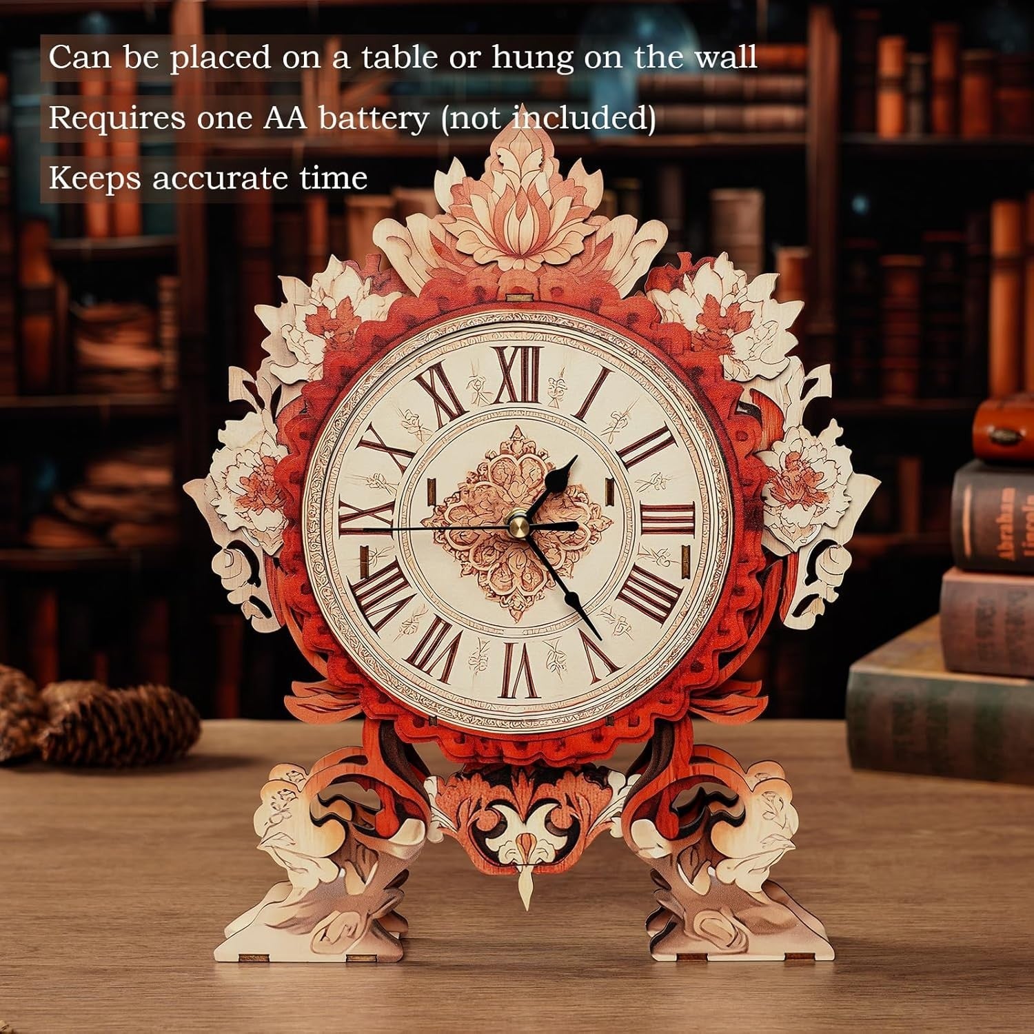 Mechanical Wooden Flame Flower Wall Clock 3D Puzzle DIY Craft Gift