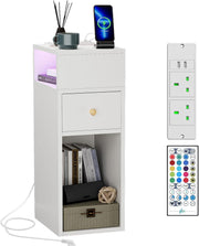 Slim White Bedside Table with RGB Lights & Charging Station | Modern Nightstand