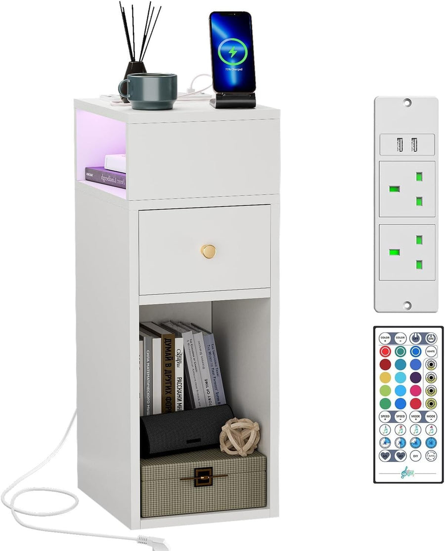 Slim White Bedside Table with RGB Lights & Charging Station | Modern Nightstand
