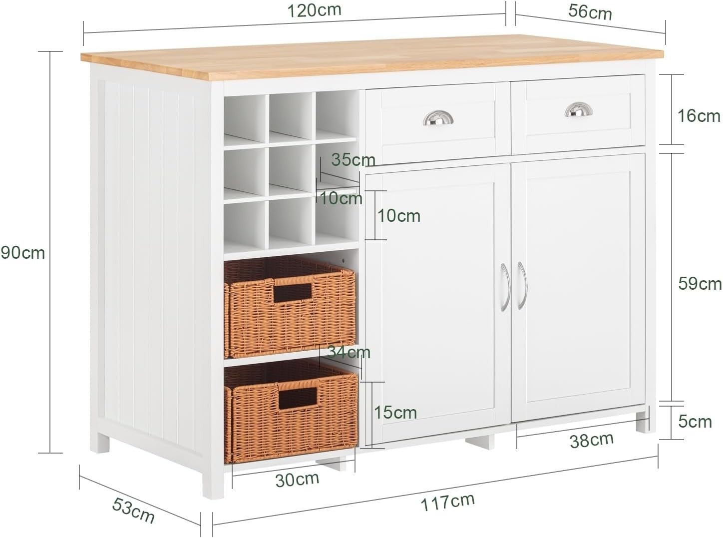 White Kitchen Island with Storage, Sideboard Cabinet & 2 Rattan Baskets
