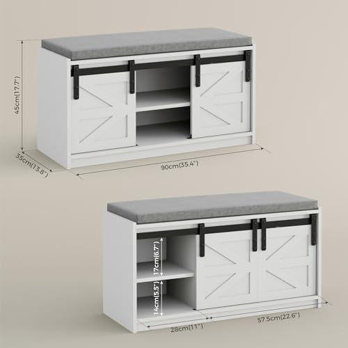 Farmhouse Shoe Storage Bench 2-Tier Sliding Barn Doors, Cushioned Seat