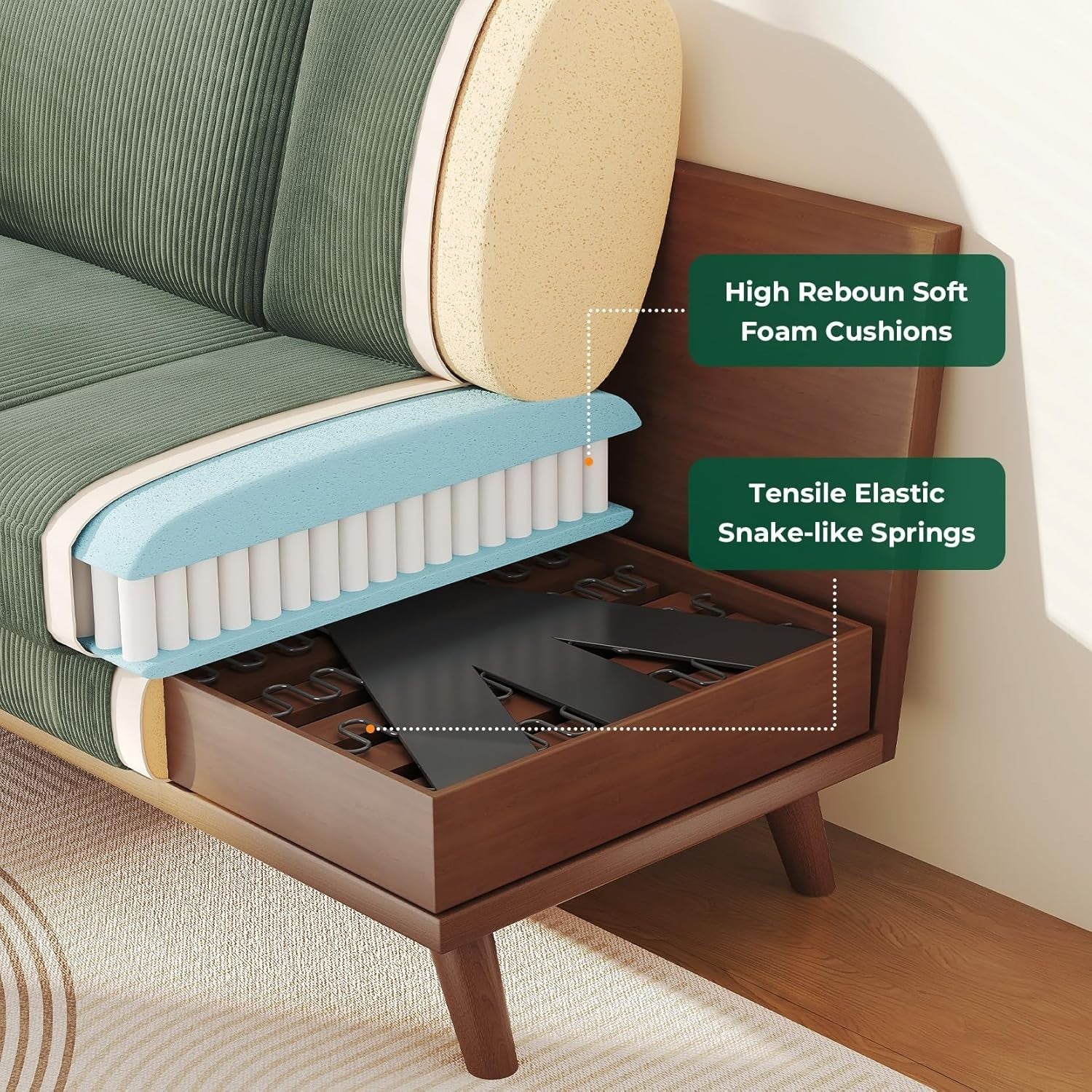 Green Corduroy Luxe 2 Seater Sofa | Deep Seat Loveseat for Small Spaces