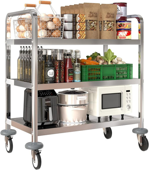 Stainless Steel Kitchen Trolley on Wheels 3 Tier Storage Cart Catering