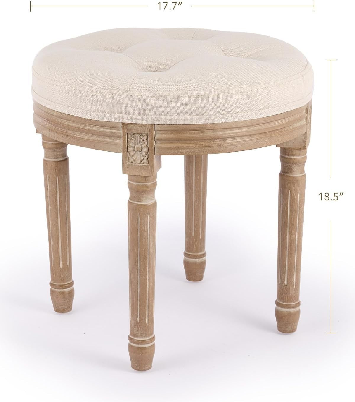 Beige French Vintage Round Ottoman Stool – Tufted 45cm Vanity Seat
