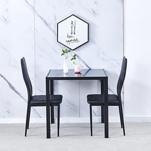 Square Glass Dining Table Set 75x75x76cm Black Metal Frame 2-Seater