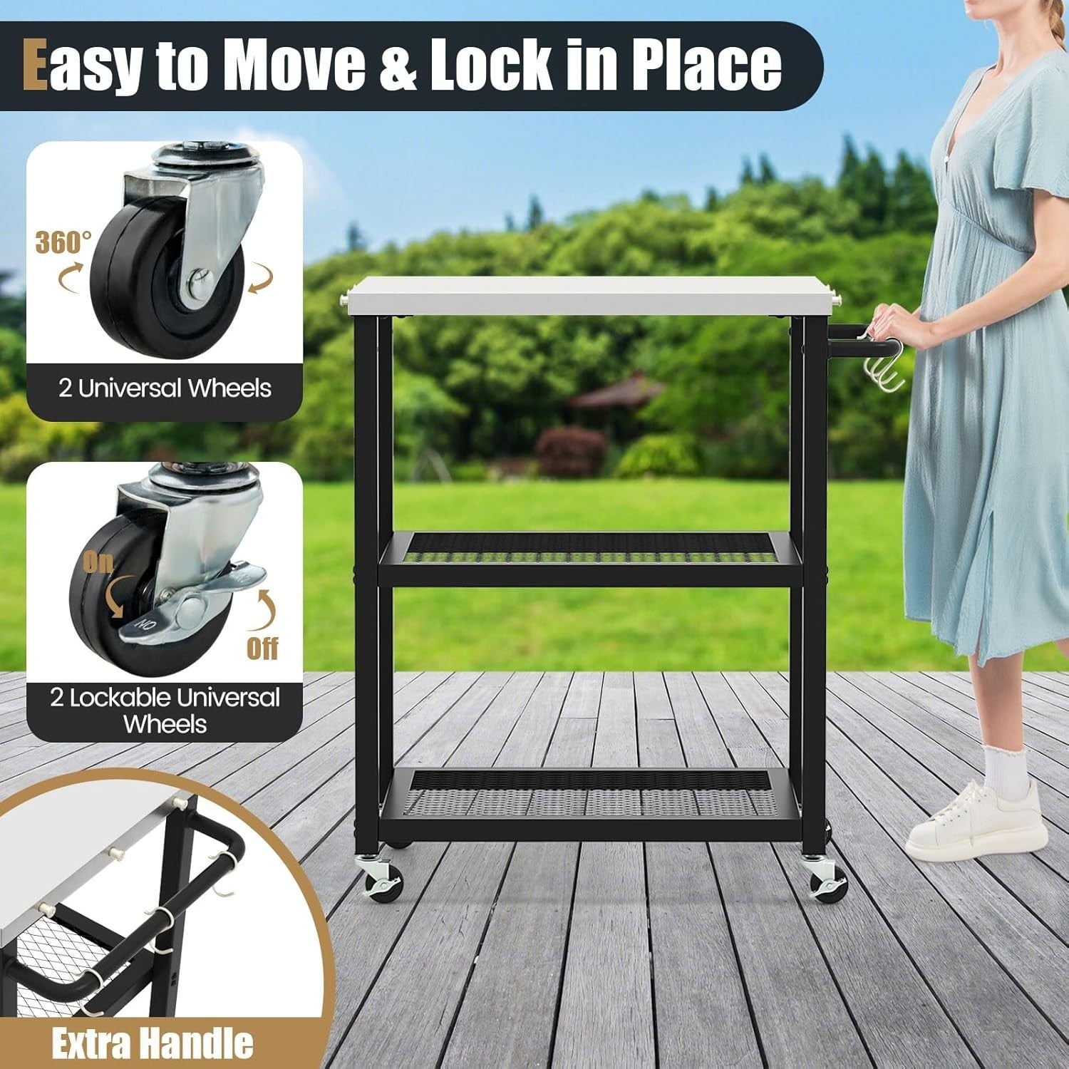 3-Tier Outdoor Grill Cart Pizza Oven Stand Stainless Steel Top BBQ Trolley 72x41