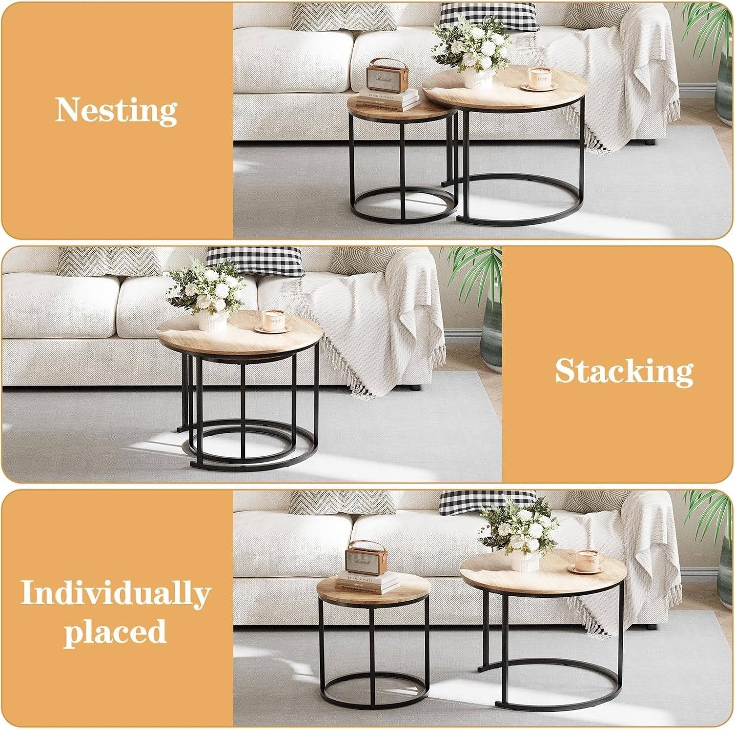 Round Nested Coffee Table Set of 2, Natural Brown Wood, Metal Frame, End Side Ta