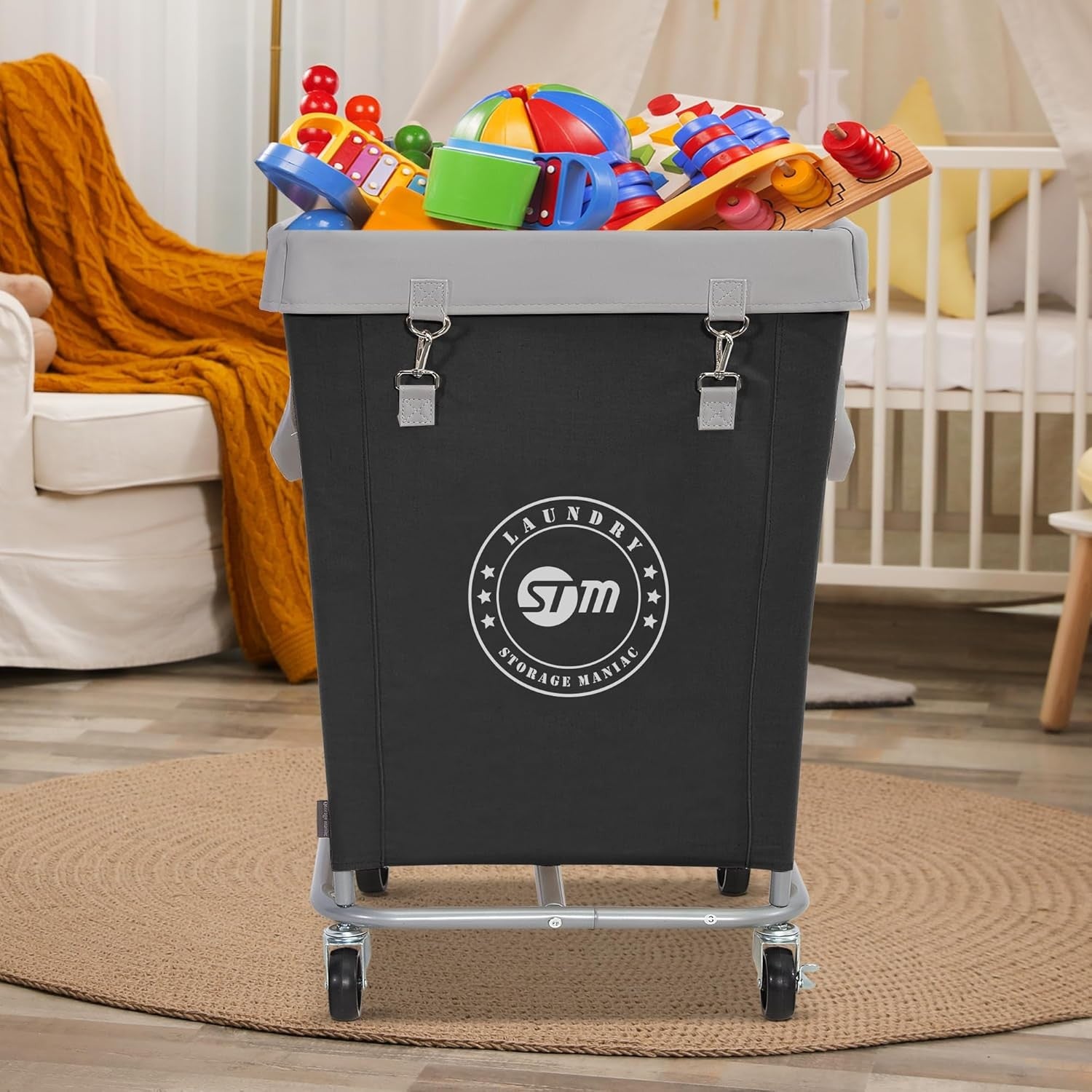 160L Commercial Laundry Hamper on Wheels | Heavy-Duty Steel Cart | Large Black B