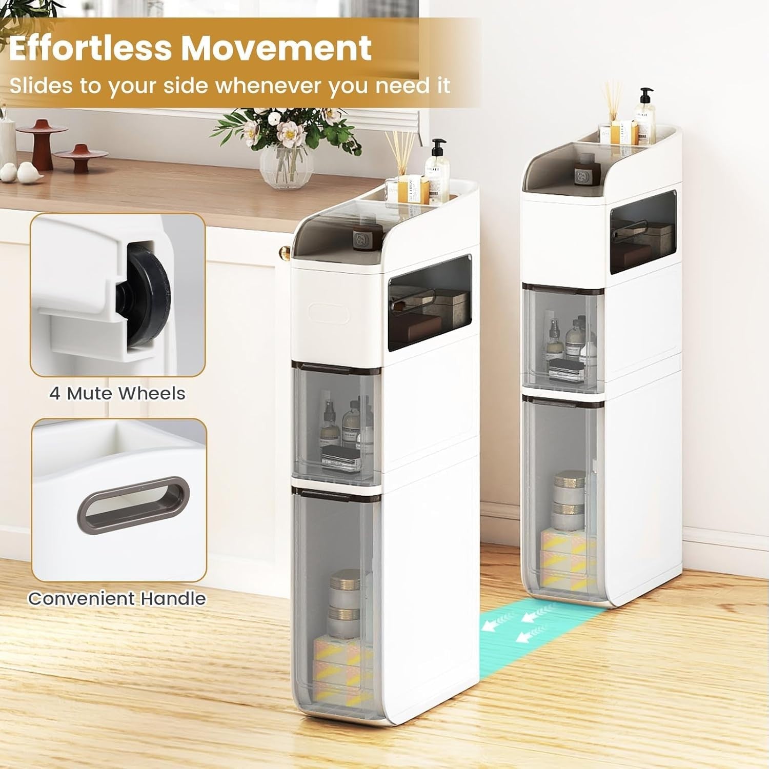 Slim Bathroom Storage Cabinet Rolling Organizer with Drawers White