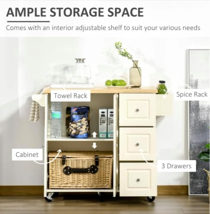 Kitchen Island Trolley with Drop Leaf & Drawer White 111.5x45-75x89cm