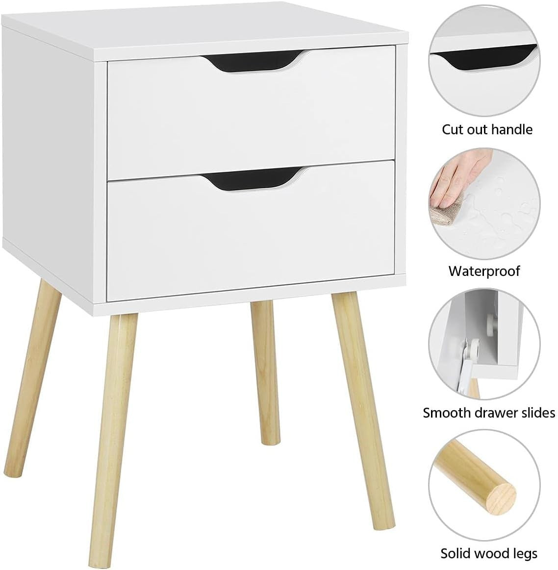 Modern Bedside Tables Set of 2 with Drawers & Wooden Legs