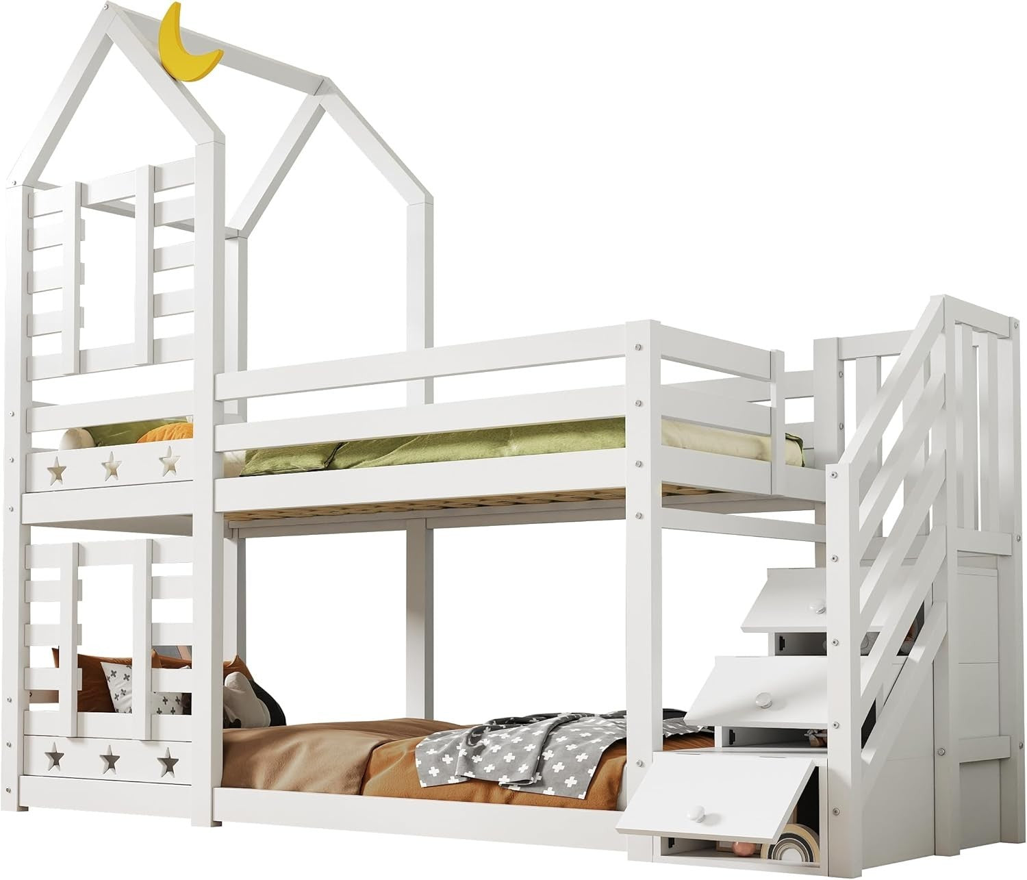 Kids Pine Bunk Bed with Stairs, Storage, Cabin Style Twin Sleeper 190x90cm