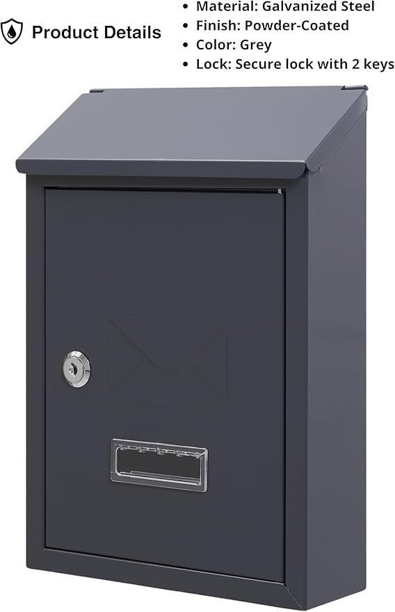 Lockable Wall Mounted Mailbox Grey – Weatherproof Steel Post Box with Keys