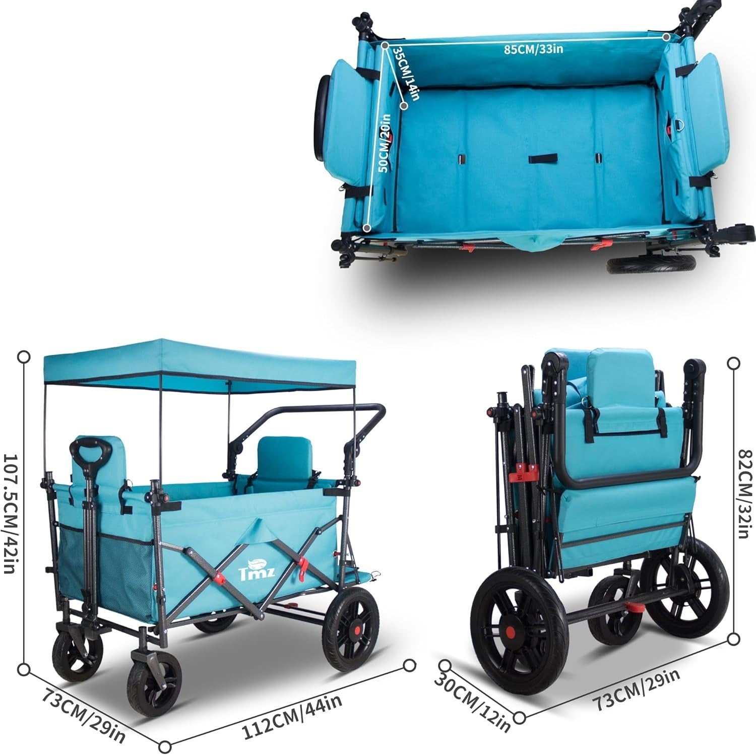 Folding Wagon Trolley Turquoise 120kg Load w/ Canopy 2 Seats Brake Large Storage