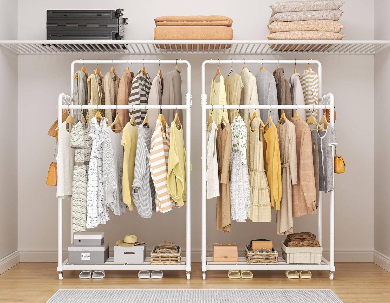Double Clothes Rail 80KG Heavy Duty Rack With Shelf White