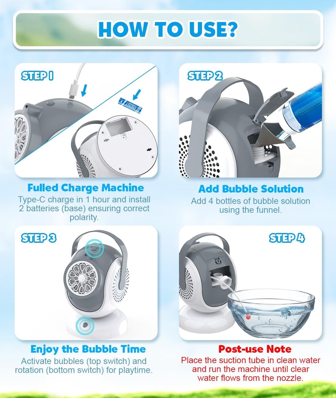 Rechargeable Bubble Machine 360 Rotation 10 Wand Portable