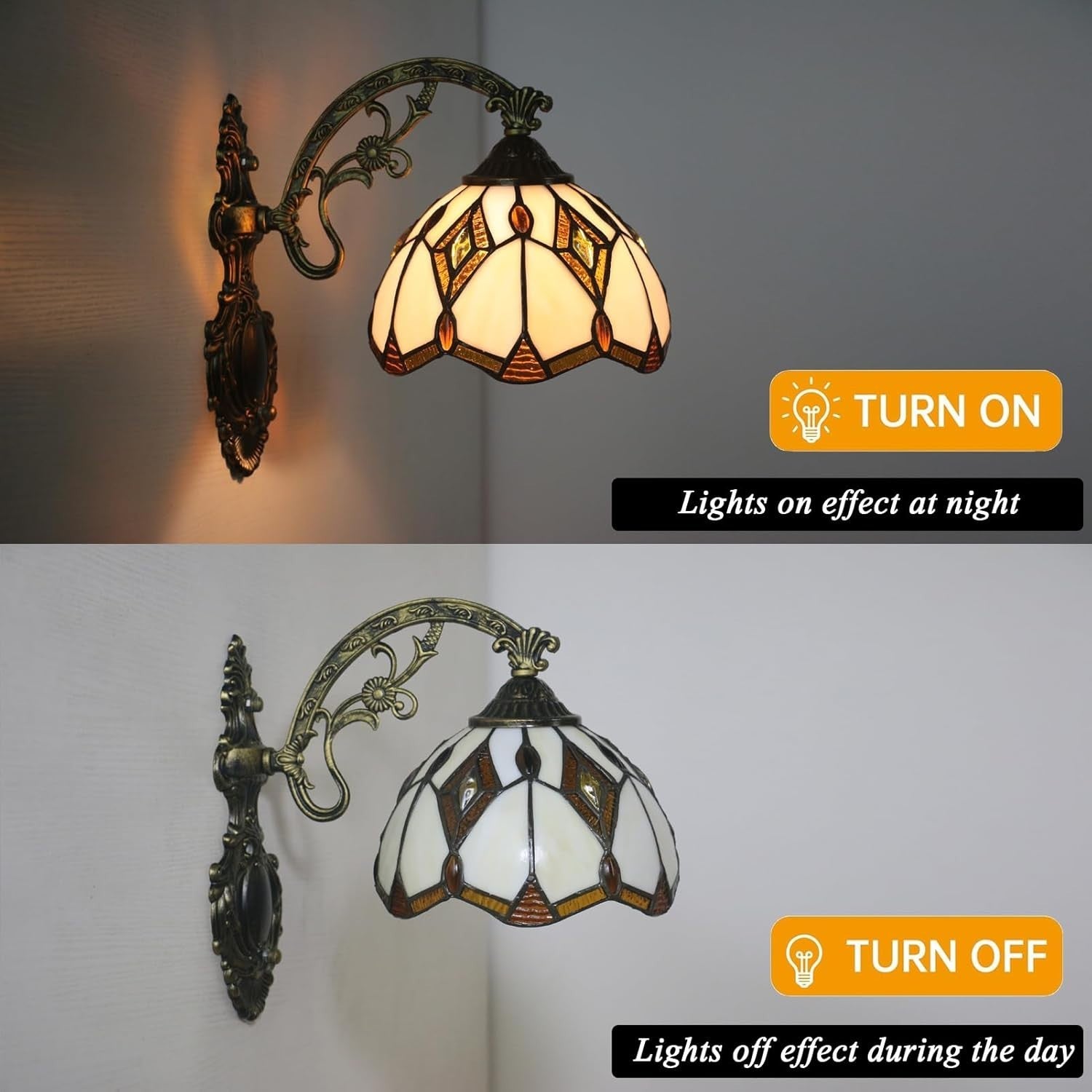 Vintage Tiffany Style Wall Sconce, 8in Stained Glass Lamp for Indoor Use
