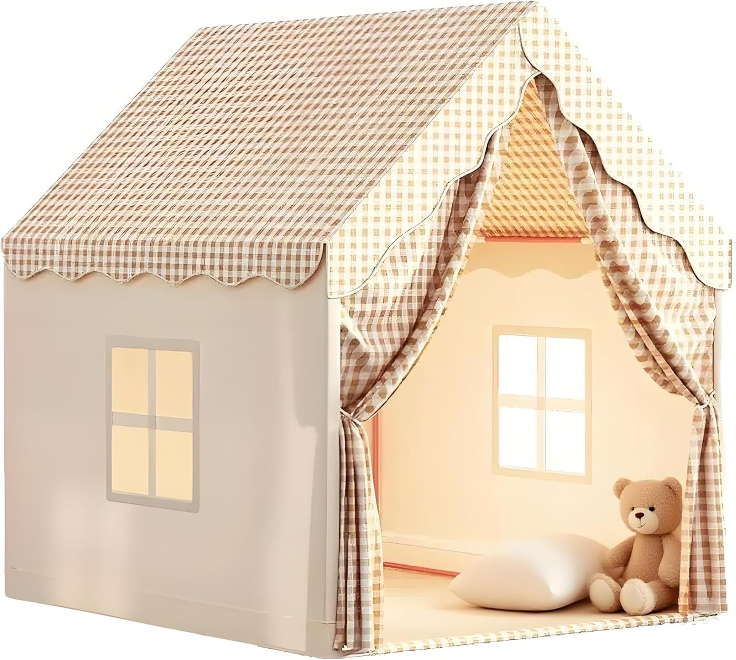 Neutral Beige Kids Play Tent Star Lights Indoor Outdoor Teepee House