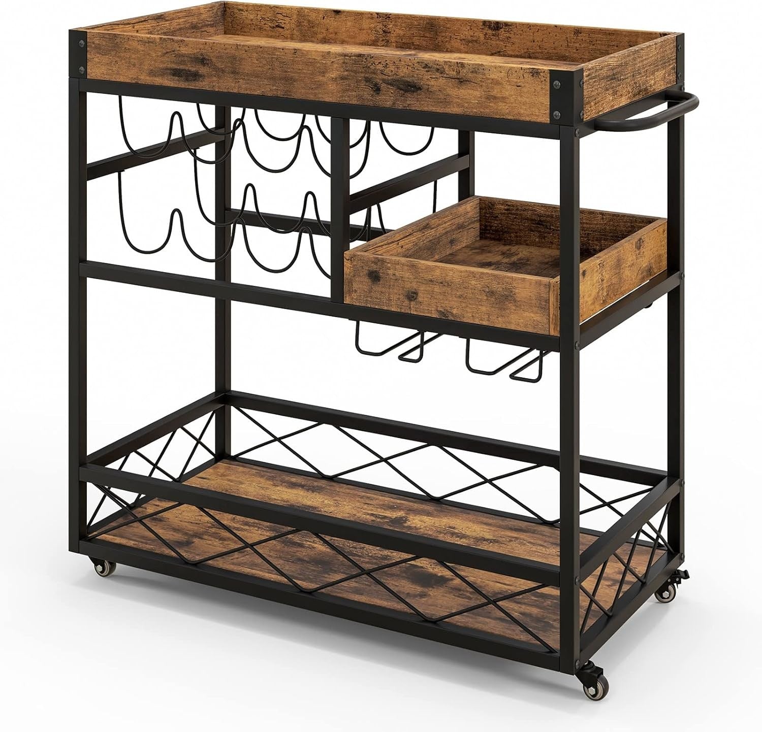 3 Tier Bar Cart Drinks Trolley on Wheels with Wine Rack & Removable Tray