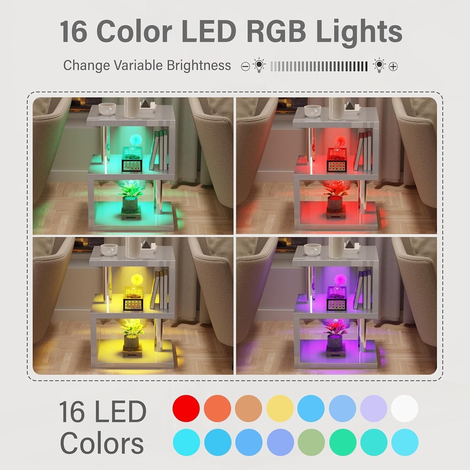 Grey Modern S-Shaped LED Side Table with RGB Lights & Storage Shelves 44x38x57cm