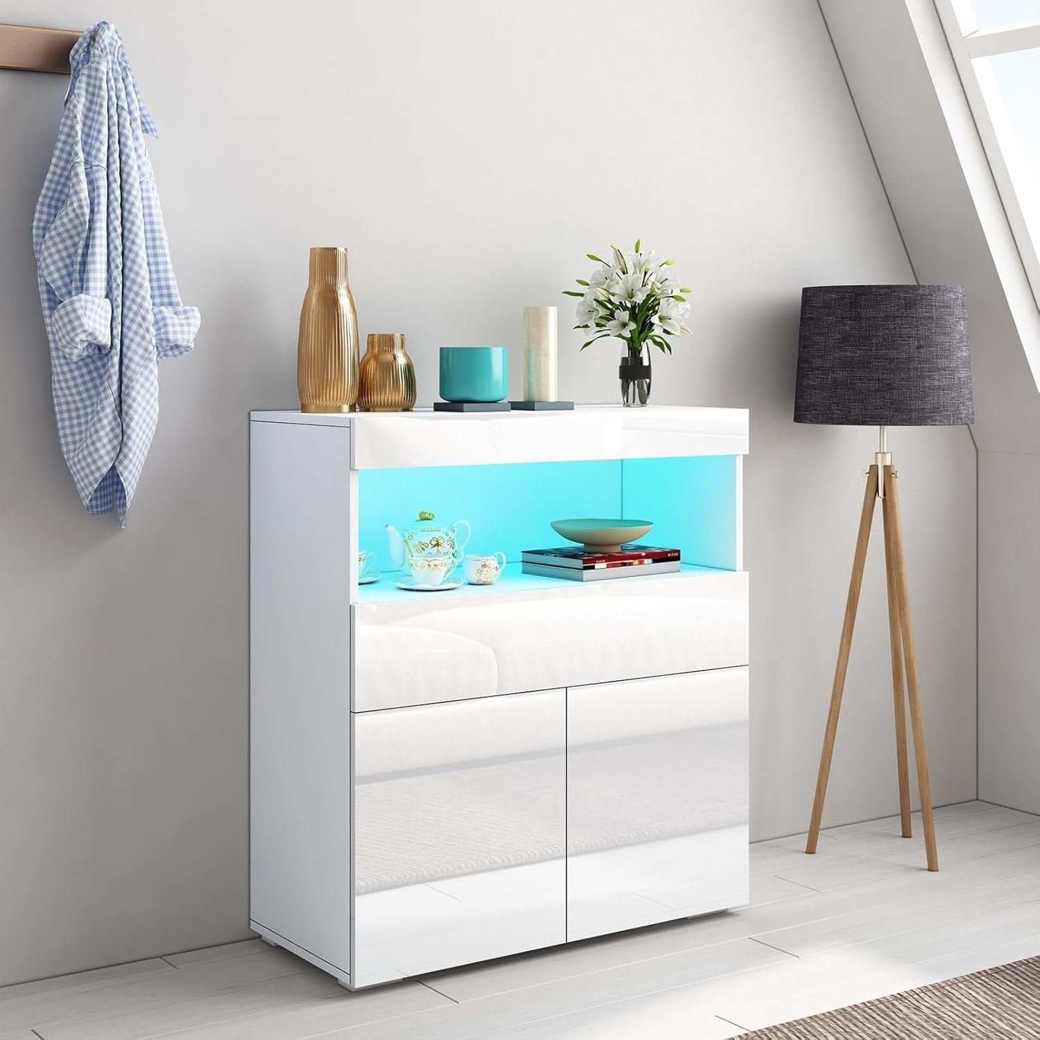 LED Sideboard Cabinet High Gloss Storage Unit 2 Doors 1 Drawer White