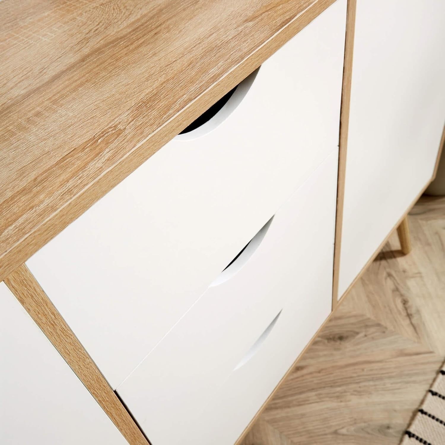 Scandi Oak Effect Sideboard Cabinet with 3 Drawers 2 Doors for Living Room