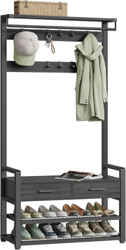 Grey Hall Tree Coat Rack with Bench & Shoe Storage 80x30x181cm