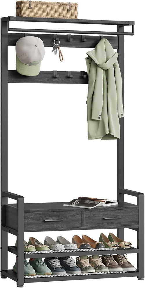Grey Hall Tree Coat Rack with Bench & Shoe Storage 80x30x181cm